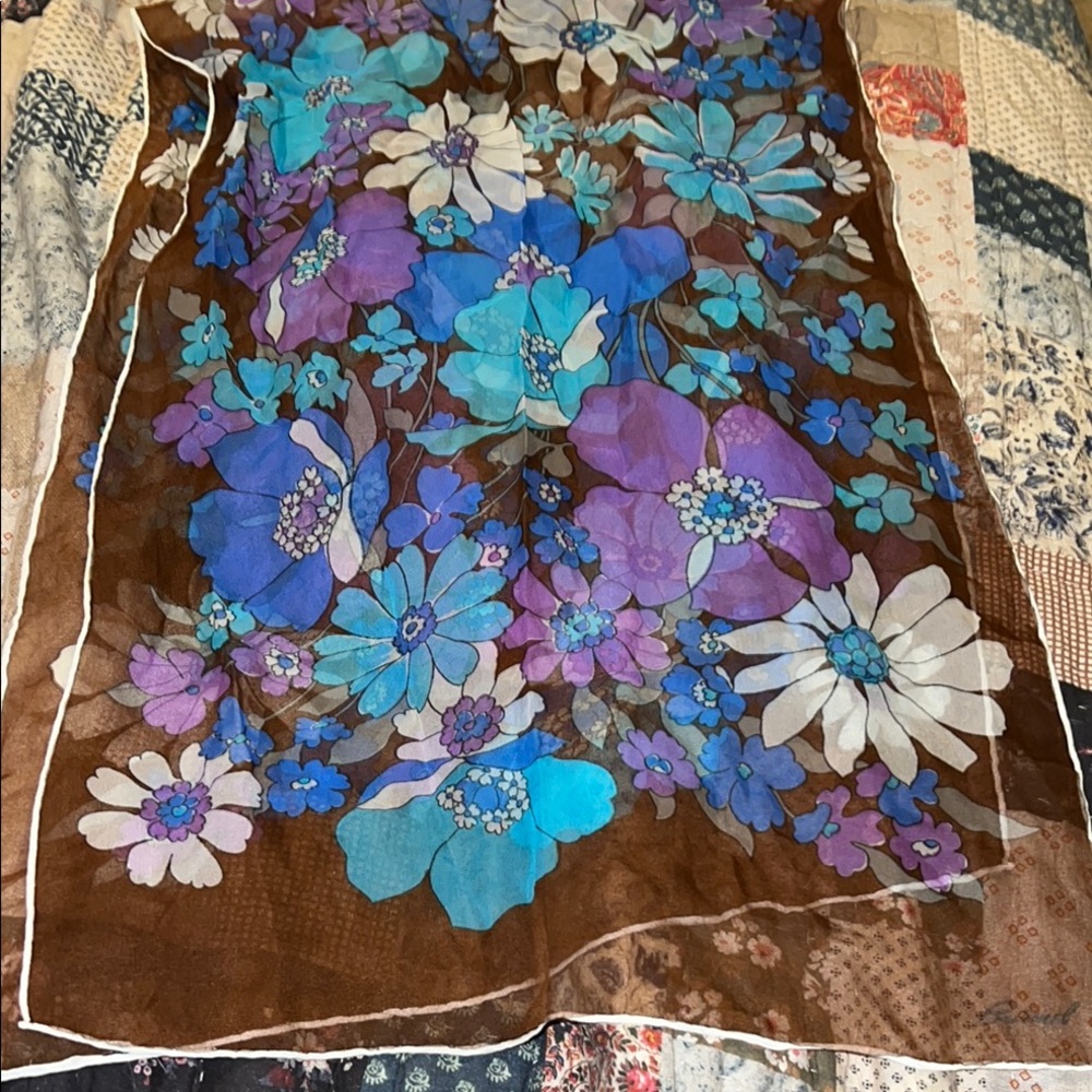 MCM 60’s Burmel Floral Silk Sheer Scarf in Blue and Purple 44” x 14”